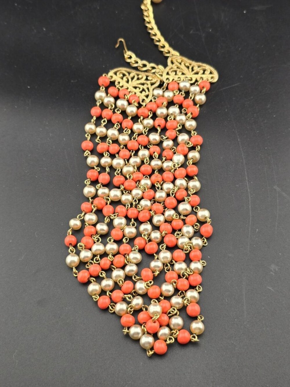 Faux Coral and Pearl Beads Necklace Gold Tone Multi-Strand 16" Adjustable Length - Picture 3 of 8
